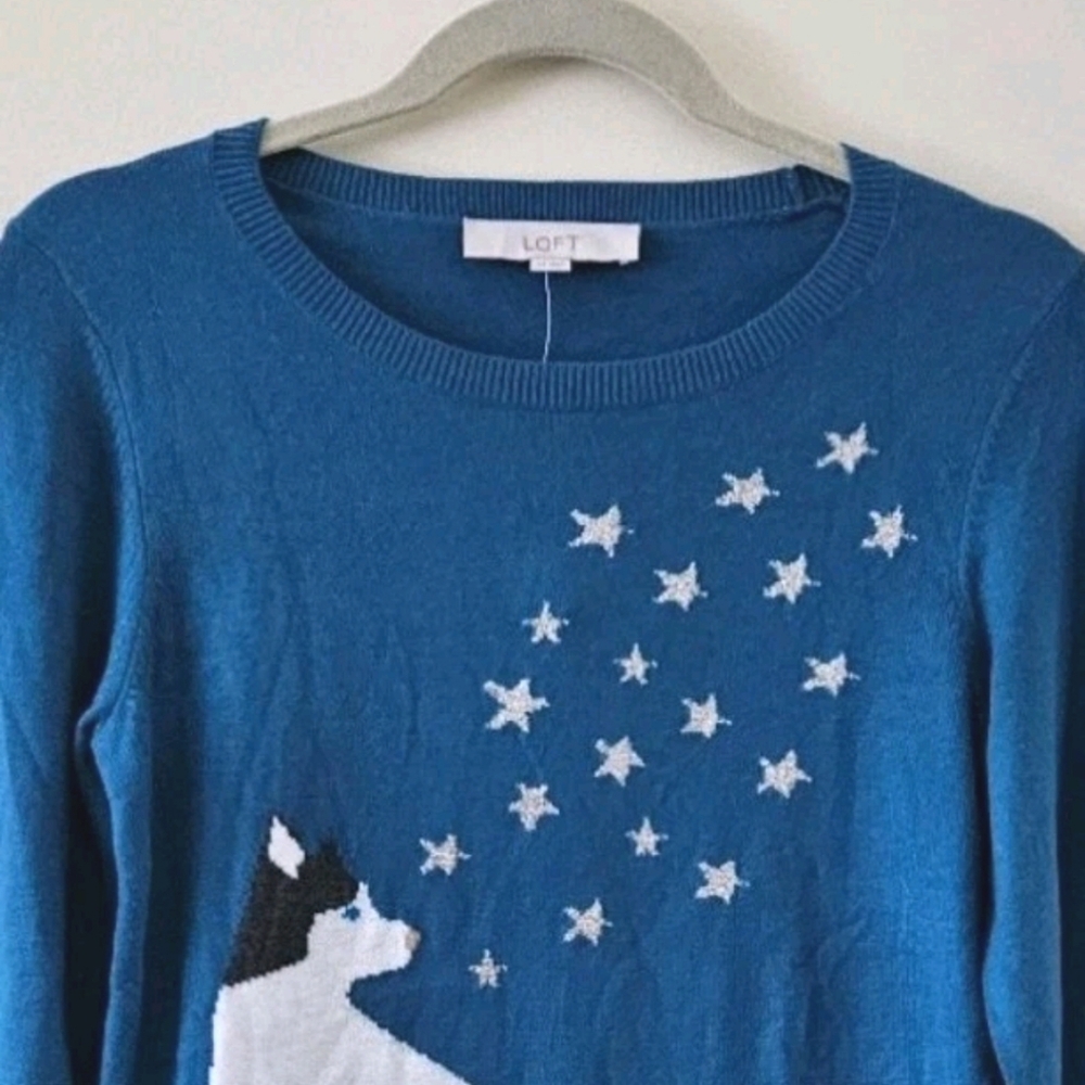 NWT LOFT Teal Blue Long Sleeve Crewneck Novelty Sweater Wolf Husky Dog XS - Picture 3 of 8